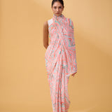 Waves Sari in Chiffon - Sage & Coral