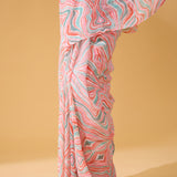 Waves Sari in Chiffon - Sage & Coral